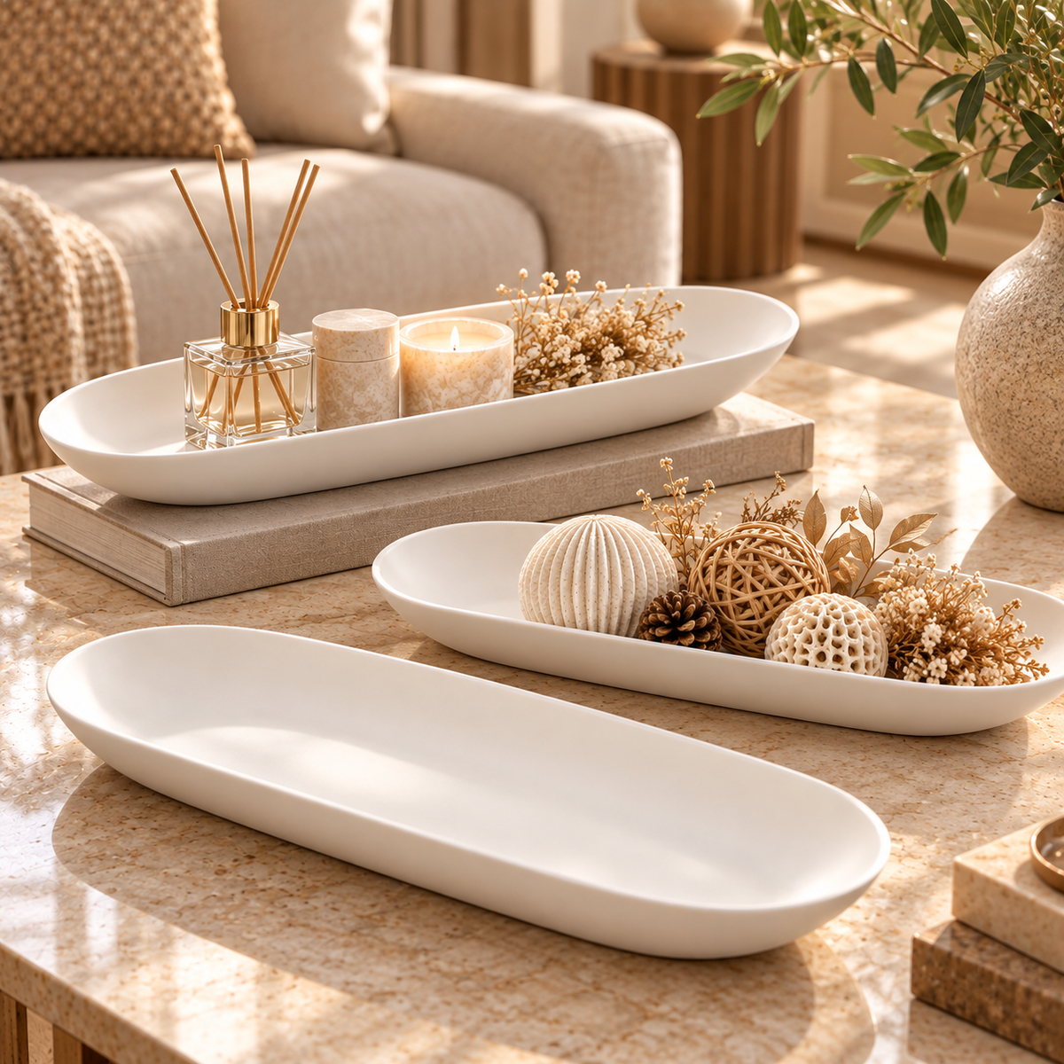 Ivory Long Oval Shallow Decorative Tray Bowl