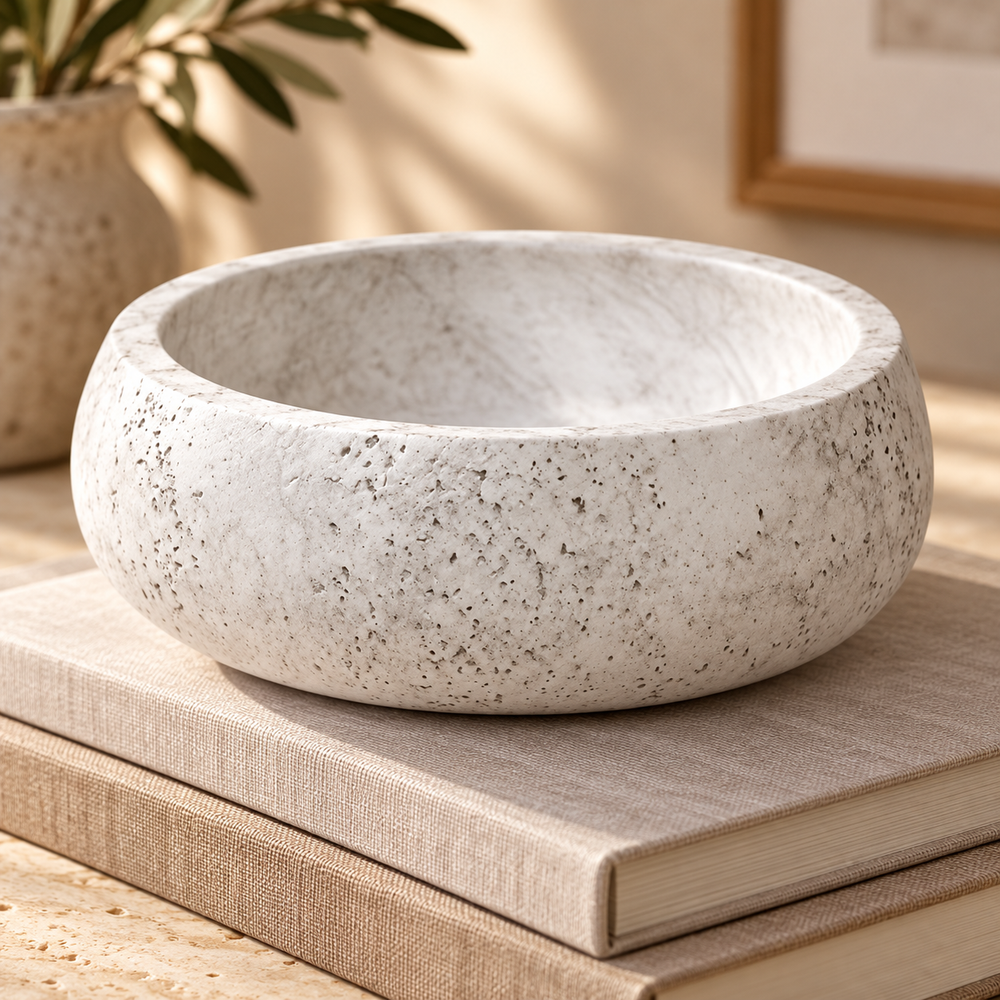 Ivory Speckled Stone-Look Deep Round Decorative Bowl