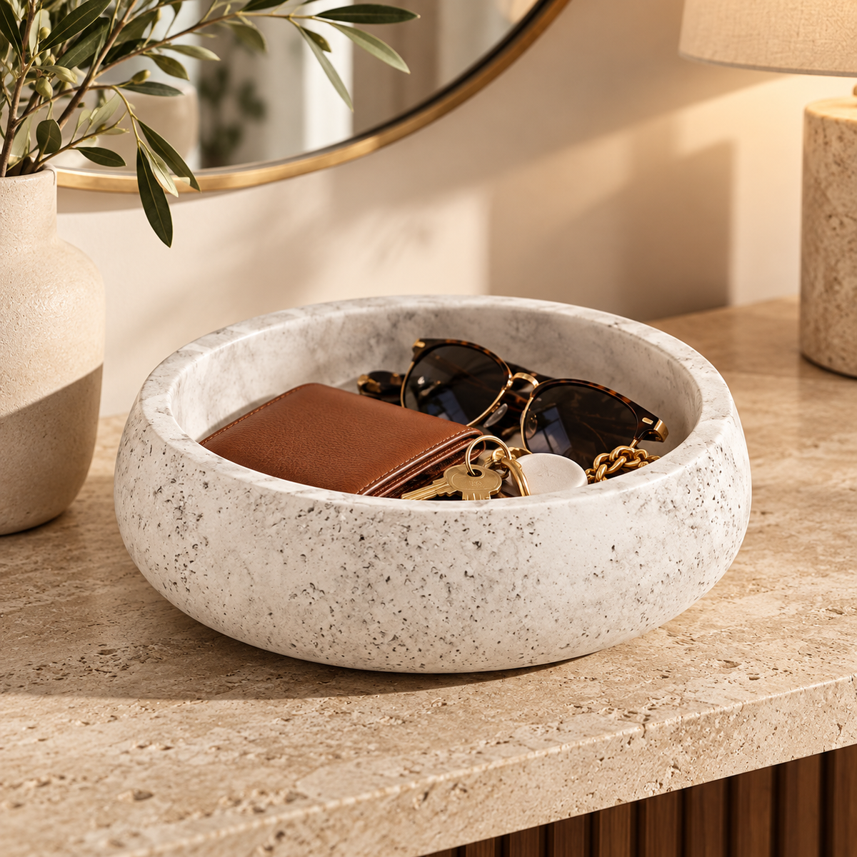 Ivory Speckled Stone-Look Deep Round Decorative Bowl