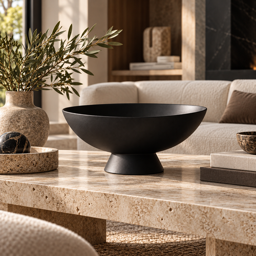 Matte Black Wide Shallow Pedestal Decorative Bowl