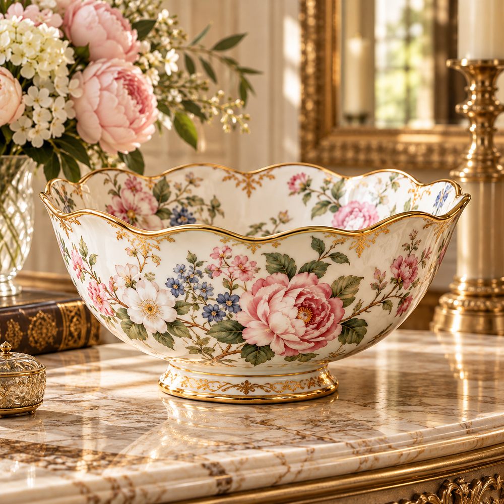 Vintage Floral Gold Rim Scalloped Pedestal Decorative Bowl