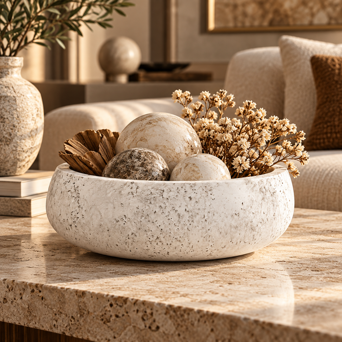 Ivory Speckled Stone-Look Deep Round Decorative Bowl